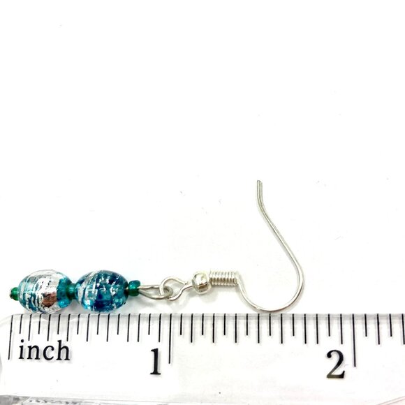 Murano Style Blue Silver Art Glass Bead Earrings Plated Dainty Dangle Handmade - Picture 6 of 7